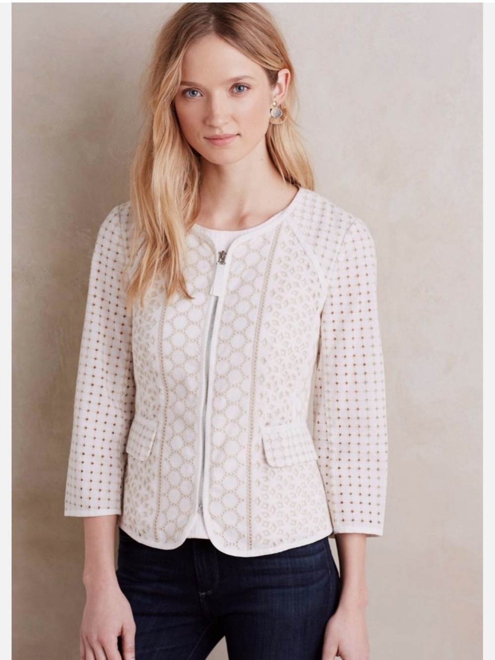 Anthropologie Elevenses Ivory Eyelet Zip-Front Jacket